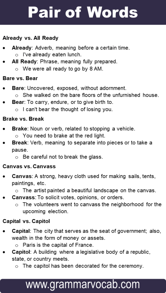 List Of Pair Of Words With Meaning And Examples - Grammarvocab